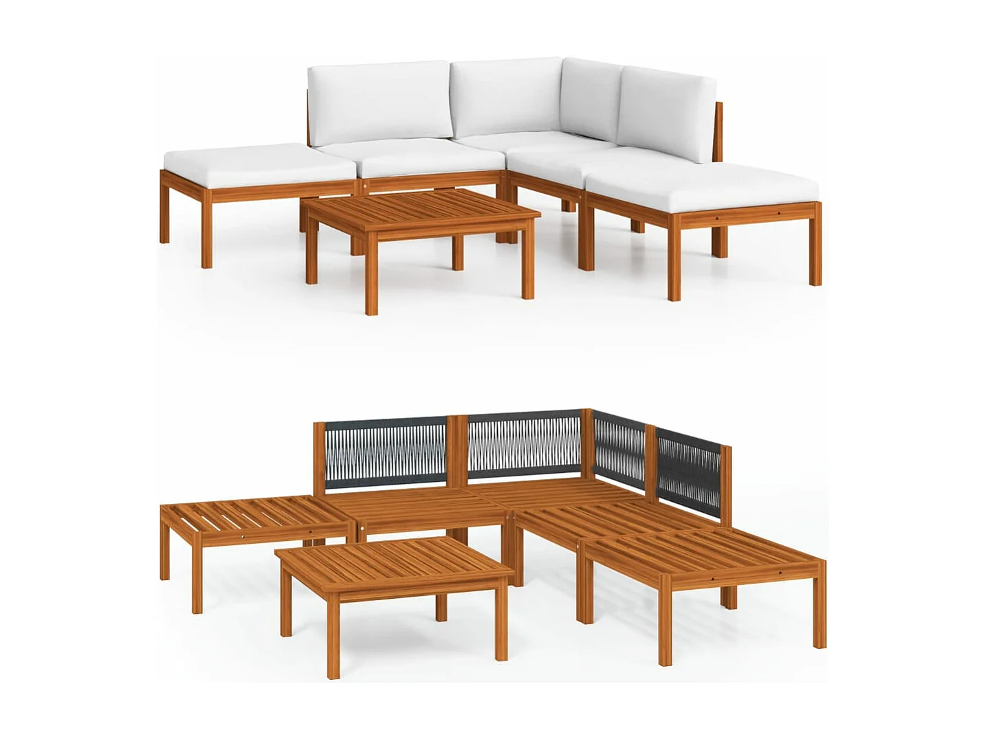 Salon de jardin 6 pièces avec coussins, bois d'acacia crème et corde