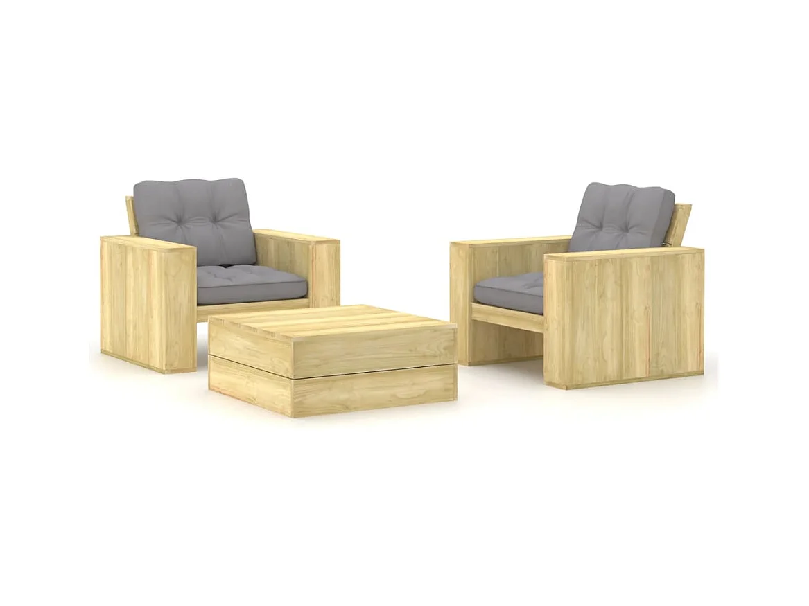 Salon de jardin 3 pcs avec coussins bois de pin imprégné