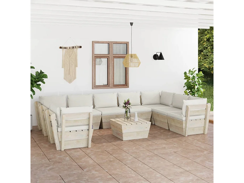 Salon de jardin palette 10 pcs avec coussins bois d'épicéa