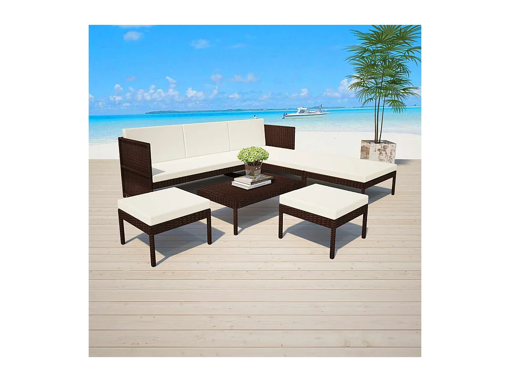6-delige Loungeset met kussens poly rattan bruin