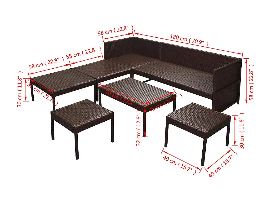 6-delige Loungeset met kussens poly rattan bruin