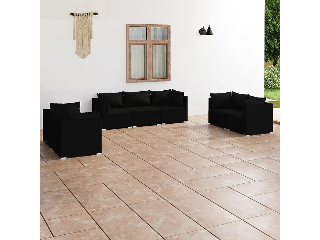 Salon de jardin 7 pcs avec coussins Résine tressée Noir