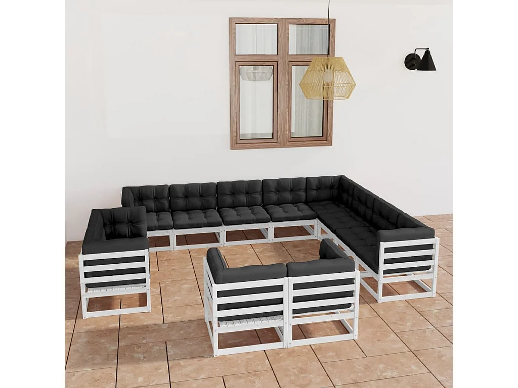 Salon de jardin 12 pcs avec coussins Blanc Bois de pin massif