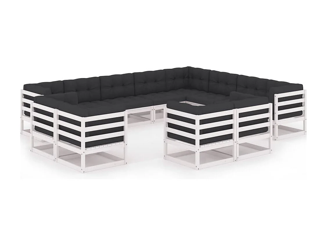Salon de jardin 12 pcs avec coussins Blanc Bois de pin massif