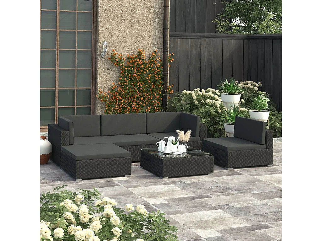 Salon de jardin 6 pcs avec coussins Résine tressée Noir
