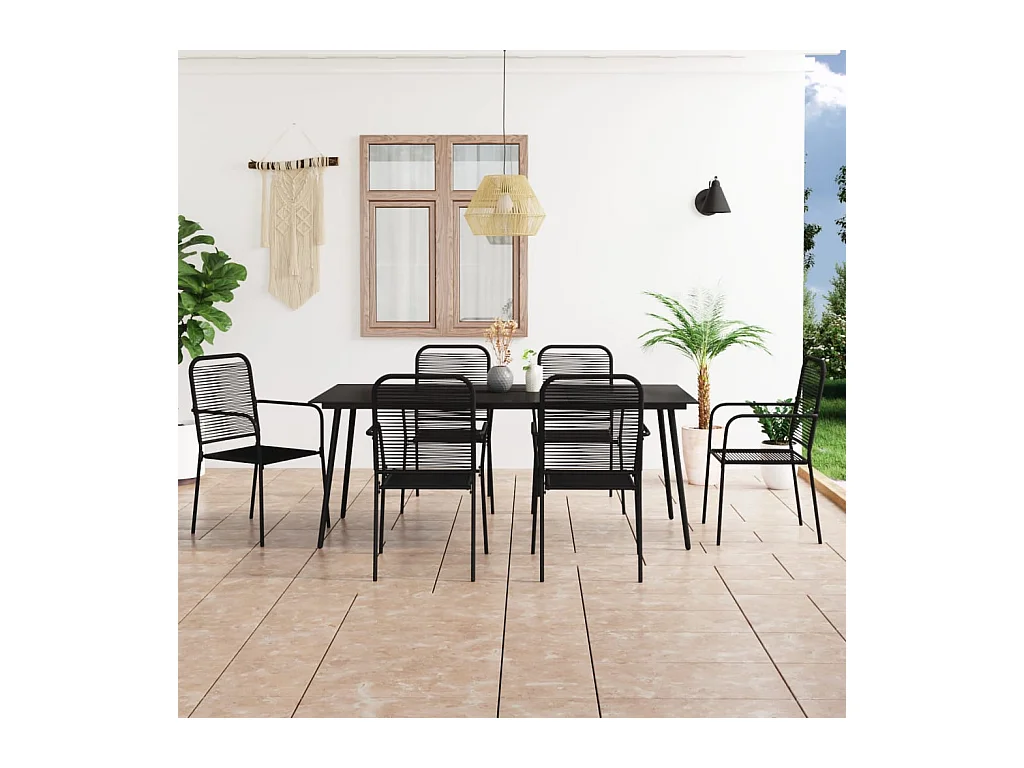 Ensemble à manger de jardin 7 pcs Corde en coton et acier Noir
