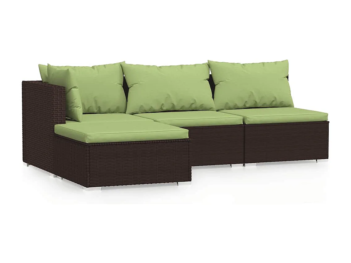 4 pcs conjunto lounge jardim c/ almofadões vime PE castanho