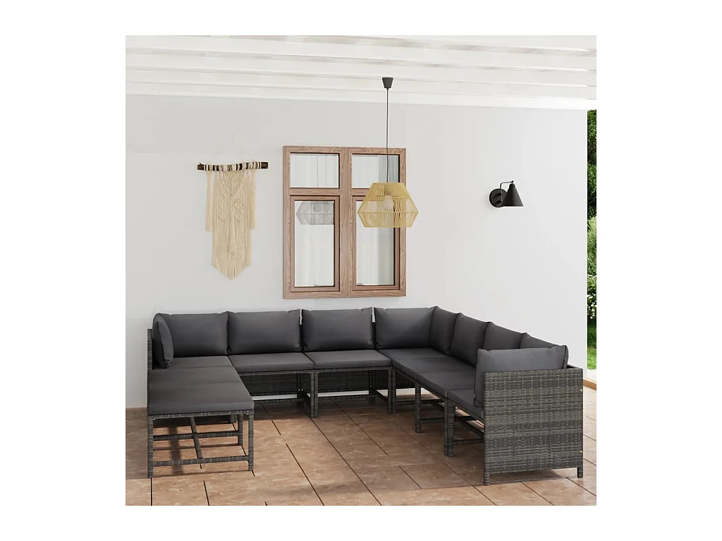 Salon de jardin 9 pcs avec coussins Résine tressée Gris
