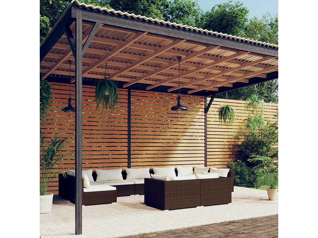 9 pcs conjunto lounge jardim c/ almofadões vime PE castanho