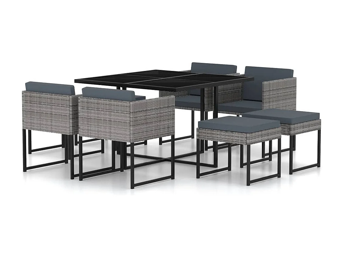 9-delige Tuinset met kussens poly rattan grijs