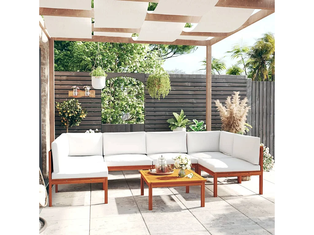 7-tlg. Garten-Lounge-Set mit Kissen Cremefarbenes Holz Akazie & Seil