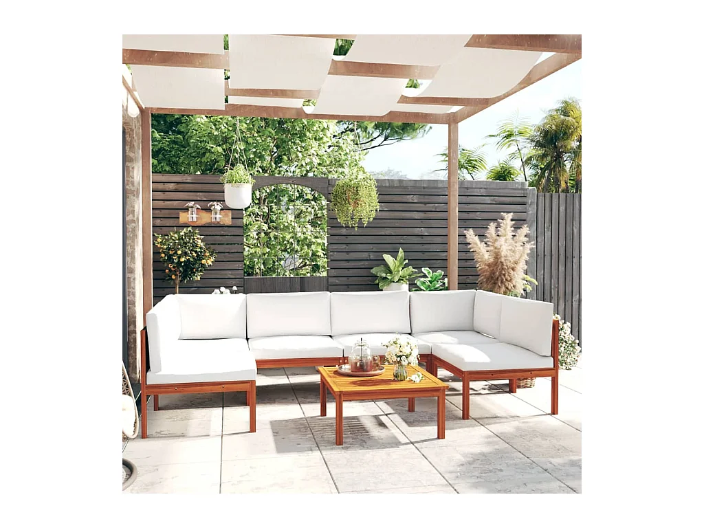 Salon de jardin 7 pièces avec coussins, bois d'acacia crème et corde