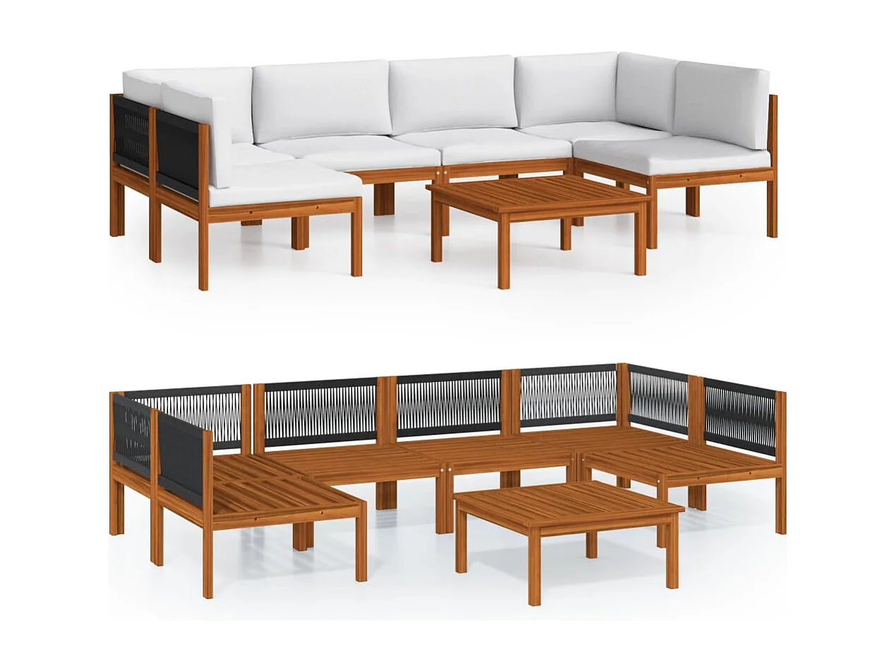 Salon de jardin 7 pièces avec coussins, bois d'acacia crème et corde
