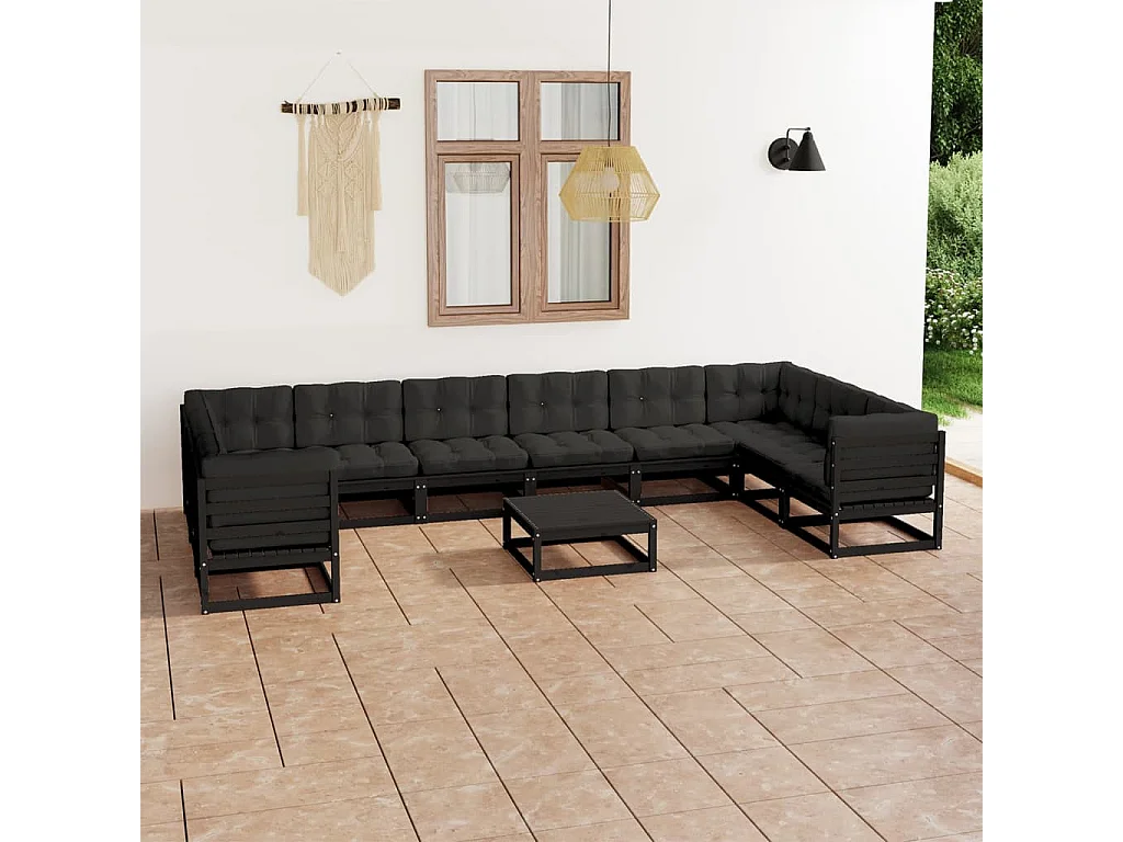 Salon de jardin 11 pcs avec coussins Noir Bois de pin massif