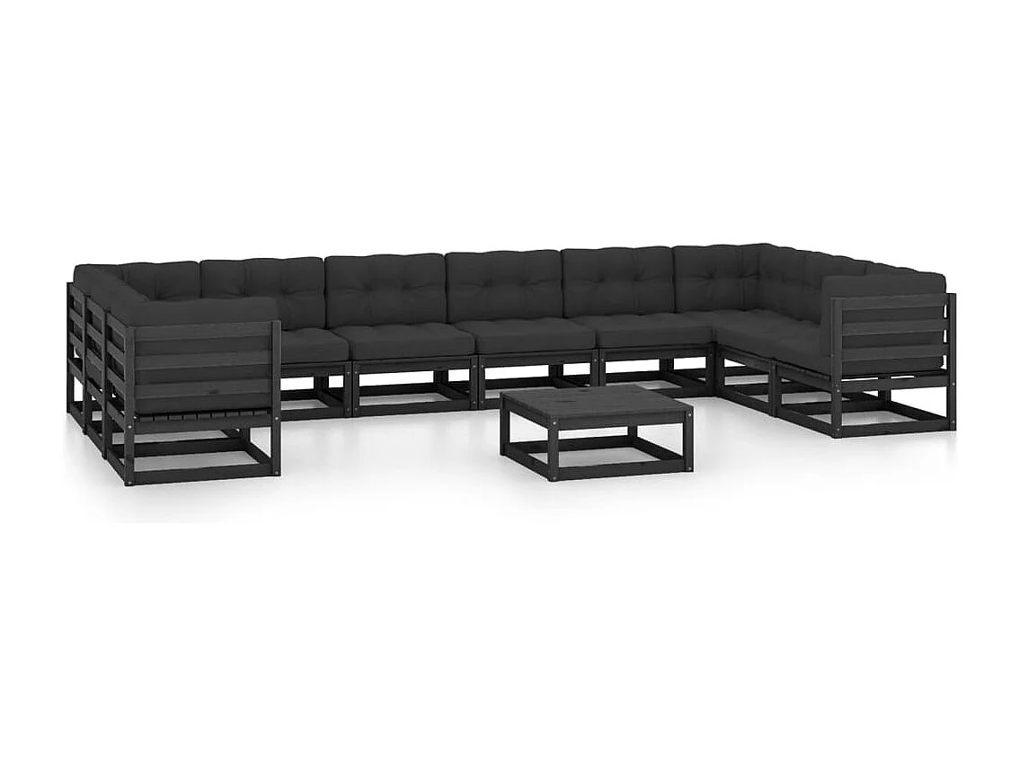 Salon de jardin 11 pcs avec coussins Noir Bois de pin massif