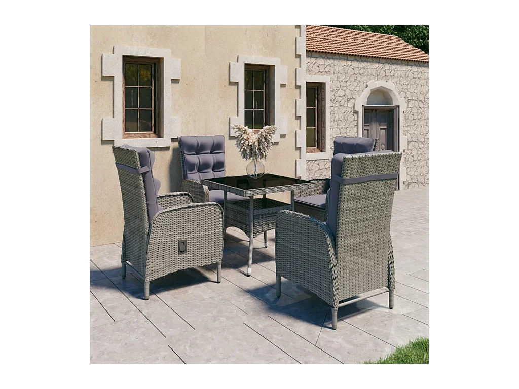 Set da Pranzo da Giardino 5 pz in Polyrattan e Vetro Grigio