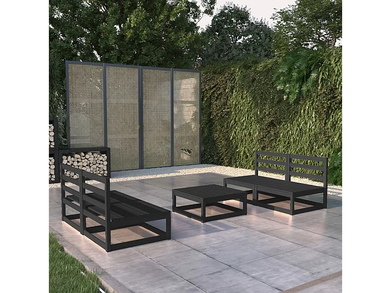 Salon de jardin 5 pcs noir bois de pin massif