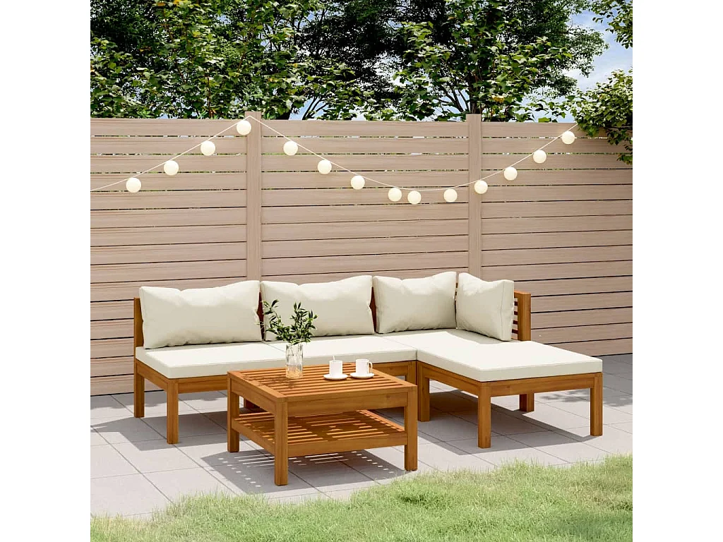 5-tlg. Garten-Lounge-Set mit Creme Kissen Massivholz Akazie