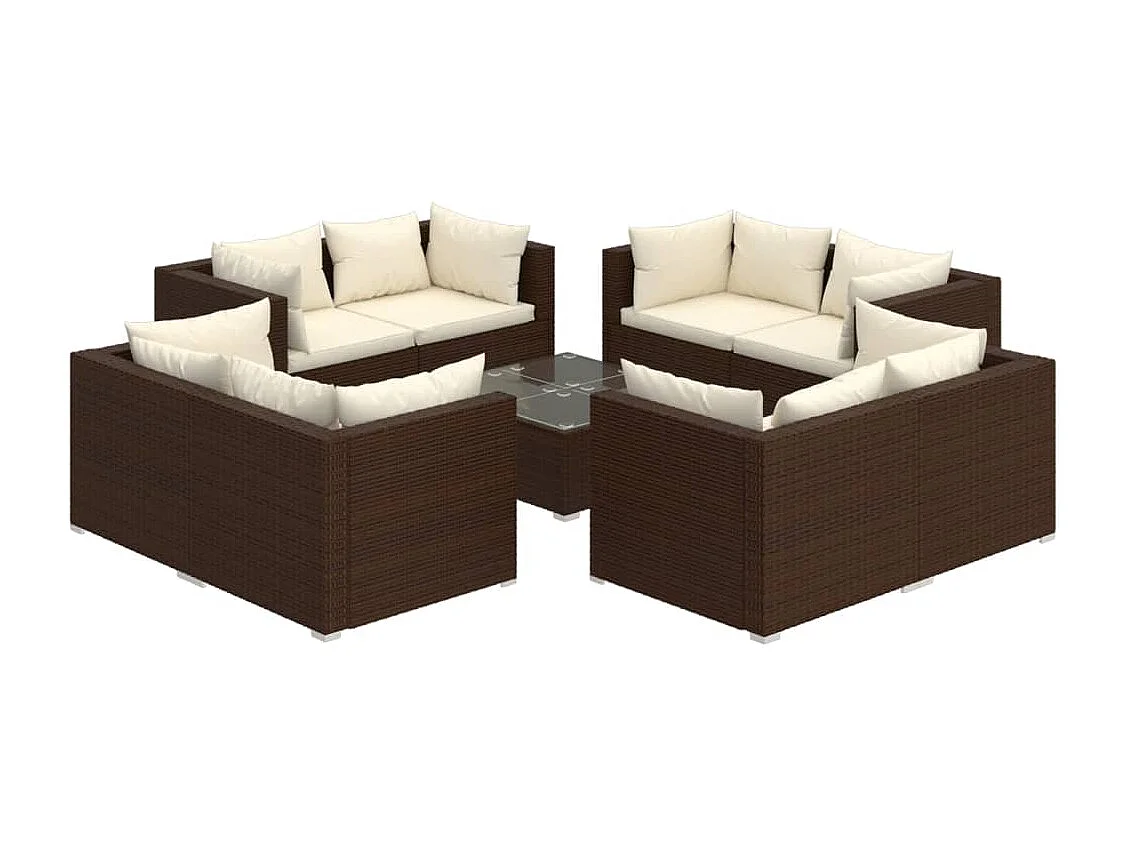 9 pcs conjunto lounge jardim c/ almofadões vime PE castanho