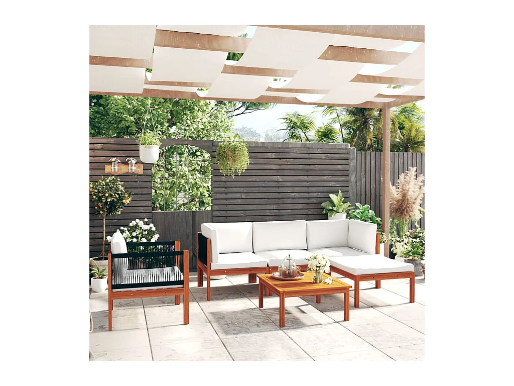 Salon de jardin 6 pièces avec coussins, bois d'acacia crème et corde