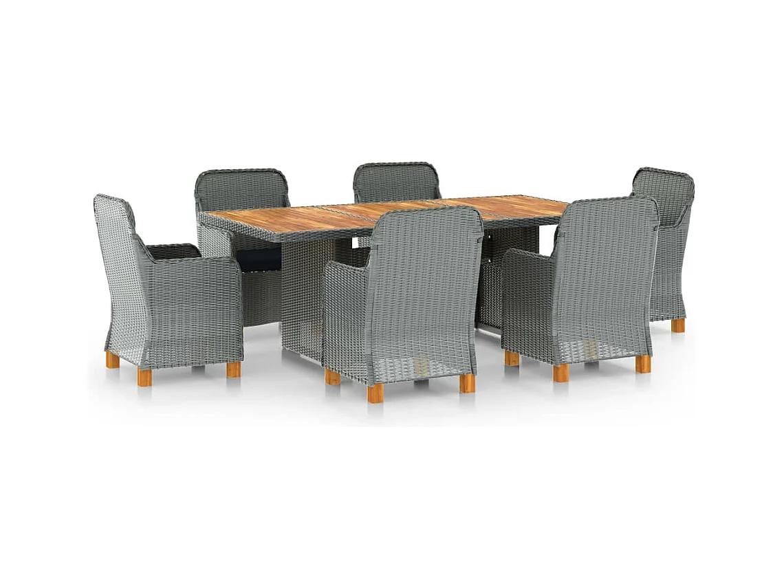 Ensemble à manger d'extérieur et coussins 7 pcs résine tressée