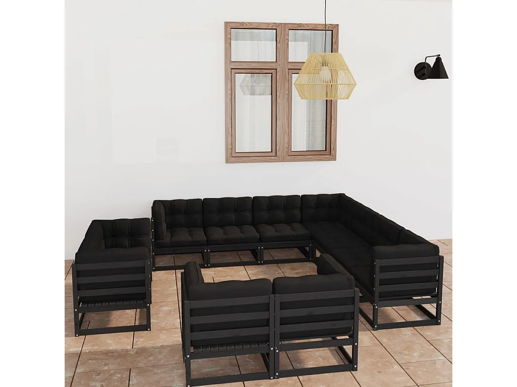 11pcs conj. longue de jardim c/ almofadões pinho maciço preto