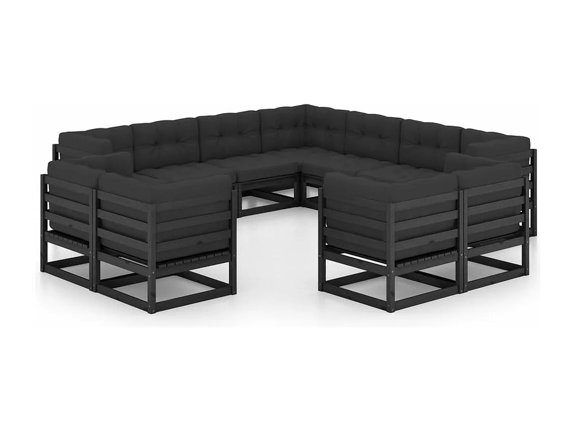 11pcs conj. longue de jardim c/ almofadões pinho maciço preto