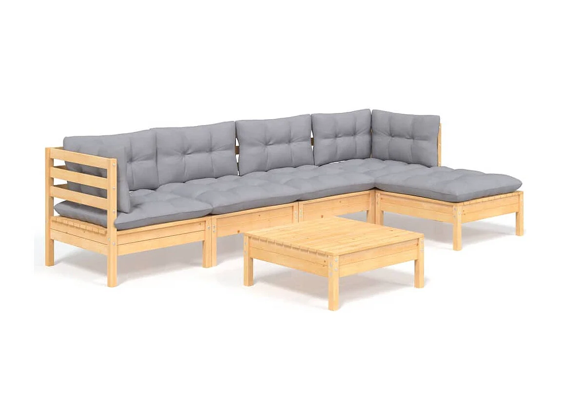 Salon de jardin 6 pcs avec coussins gris bois de pin