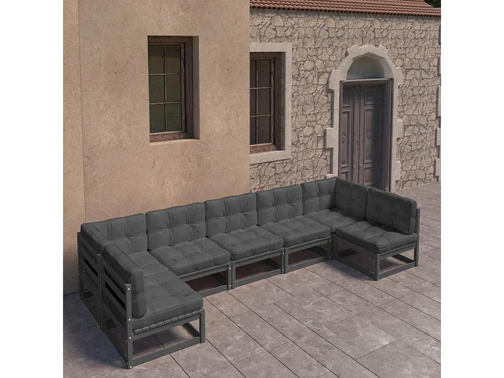 7-tlg. Garten-Lounge-Set mit Kissen Schwarz Massivholz Kiefer