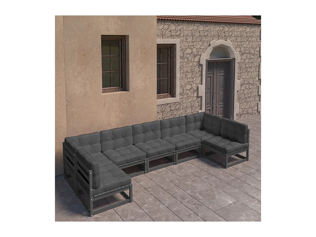 Salon de jardin 7 pcs avec coussins noir bois de pin massif