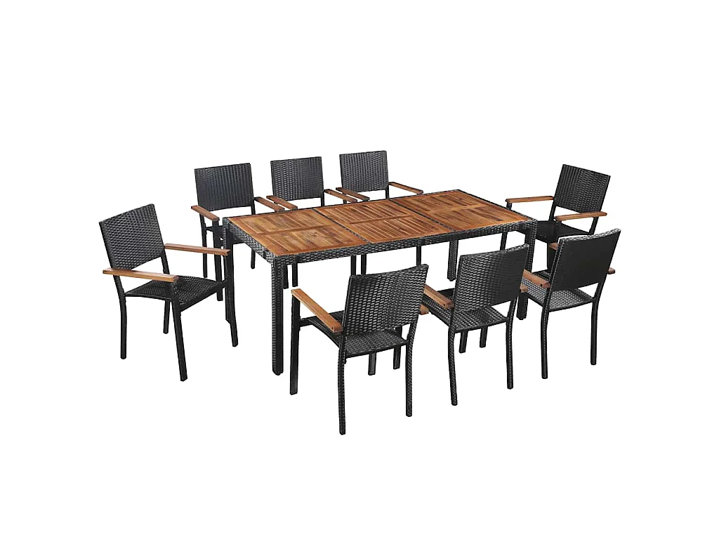 9 pcs conjunto jantar exterior vime PE e madeira acácia preto