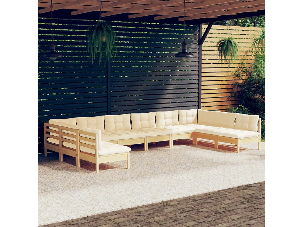 10 pcs conjunto lounge jardim c/ almofadões creme pinho maciço