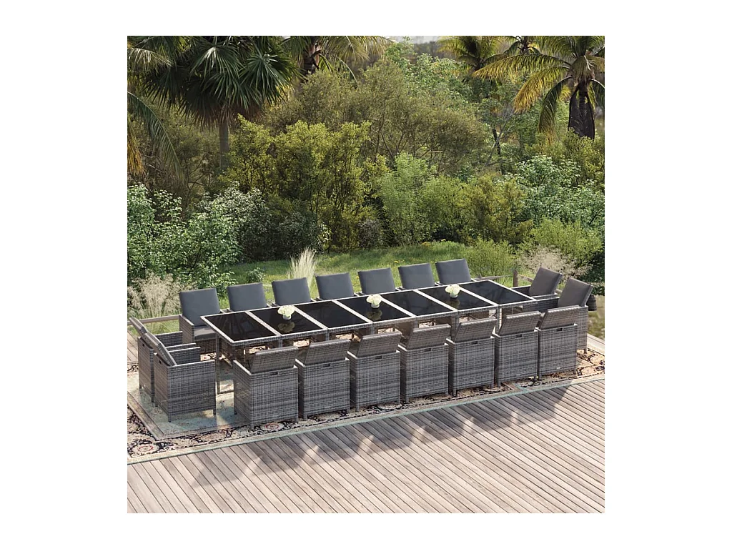 Ensemble à dîner de jardin coussins 19 pcs Résine tressée Gris