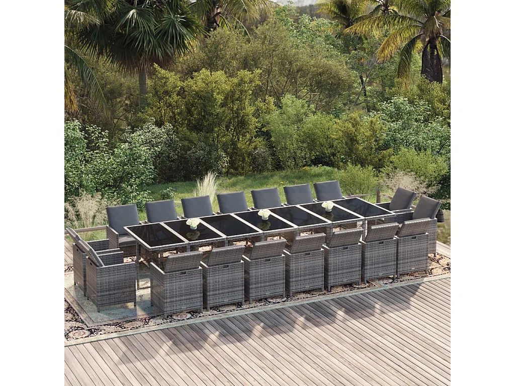Set da Pranzo per Giardino 19 pz con Cuscini Polyrattan Grigio
