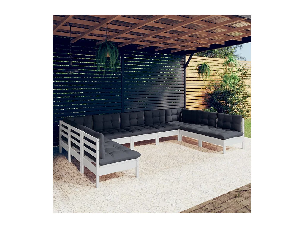 Salon de jardin 9 pcs avec coussins blanc bois de pin massif