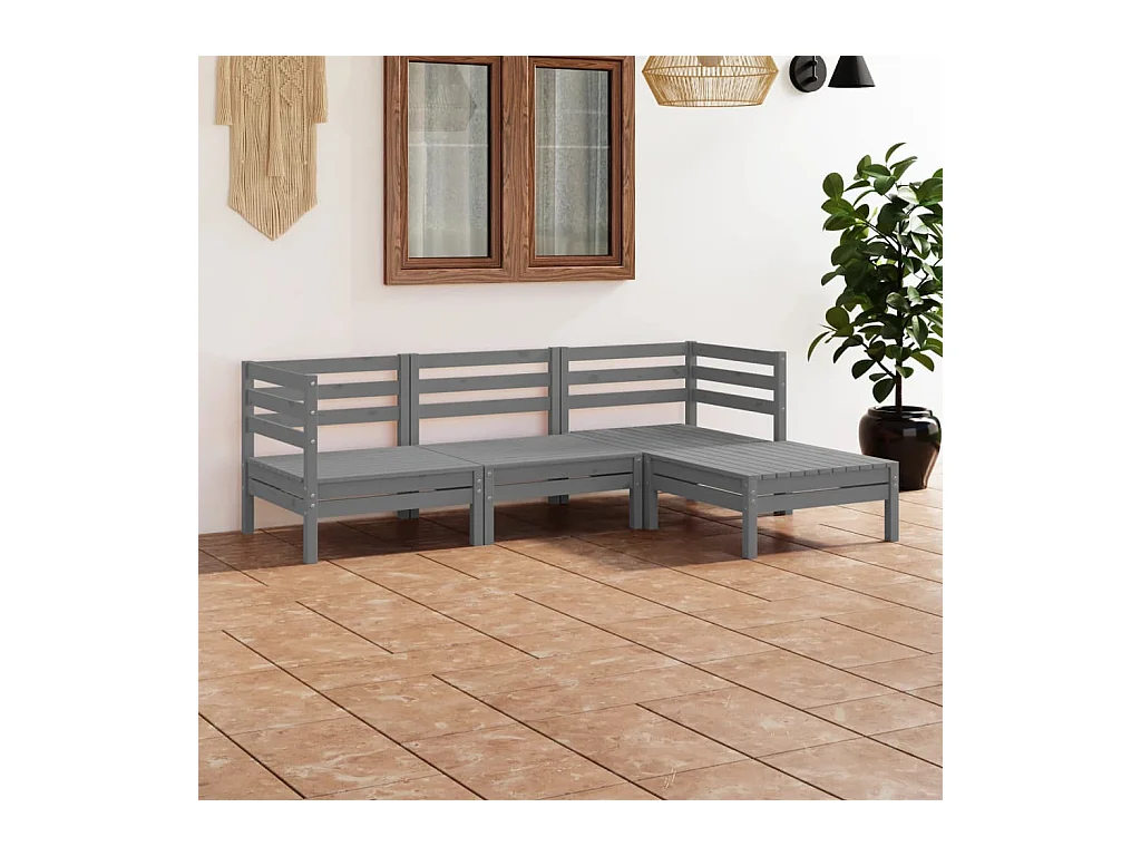 Set Salotto da Giardino 4 pz in Legno Massello di Pino Grigio
