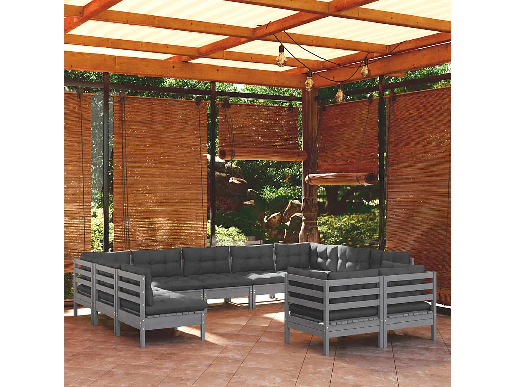 11pcs conjunto lounge de jardim + almofadões pinho maciço cinza