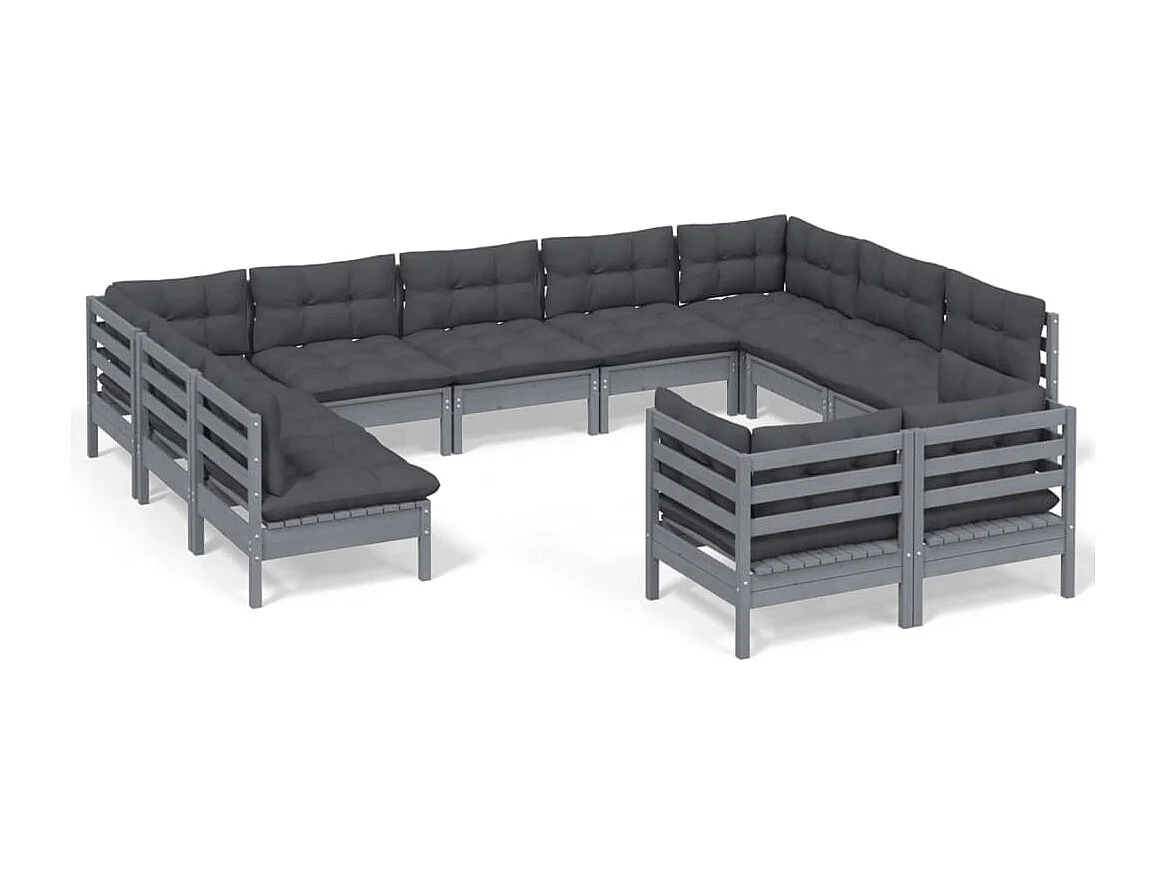 11pcs conjunto lounge de jardim + almofadões pinho maciço cinza