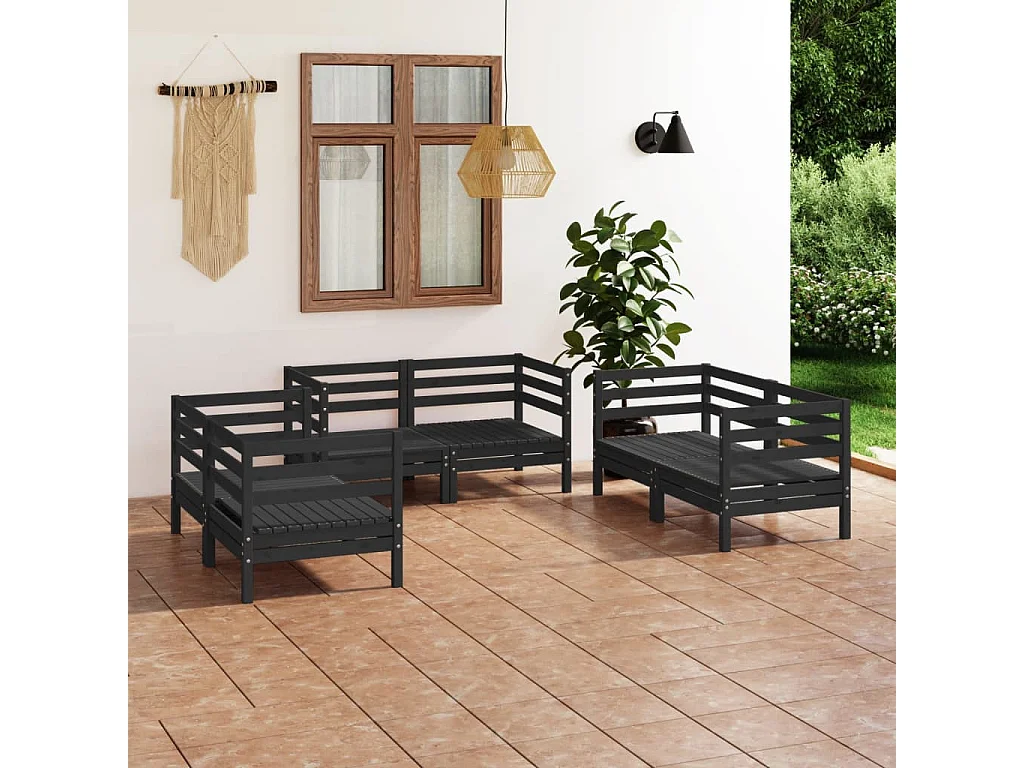 Salon de jardin 6 pcs Noir Bois de pin massif