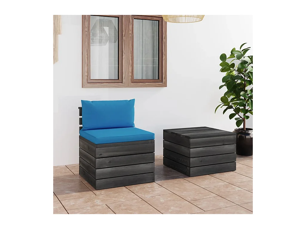 Salon palette de jardin 2 pcs avec coussins Bois de pin massif