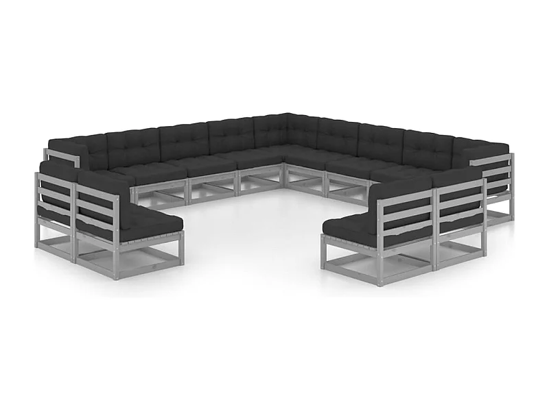 13-tlg. Garten-Lounge-Set mit Kissen Grau Massivholz Kiefer