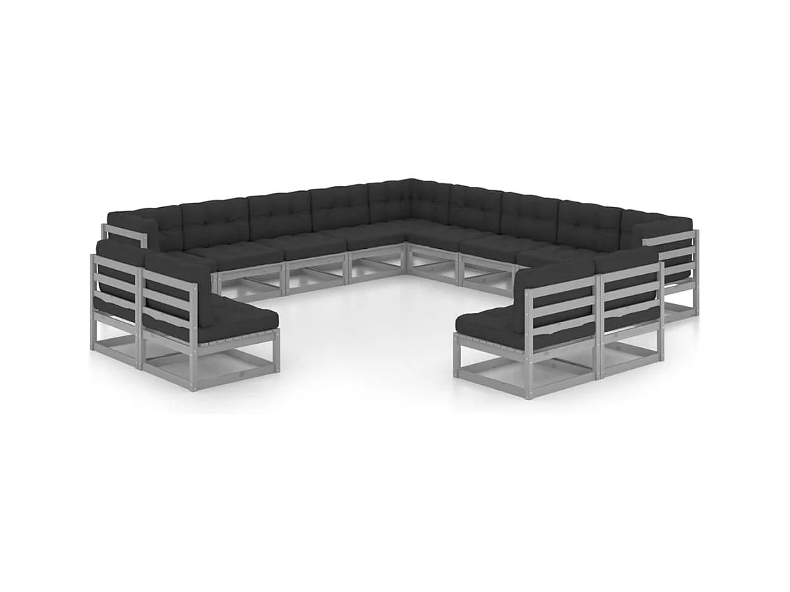 Salon de jardin 13 pcs avec coussins Gris Bois de pin massif