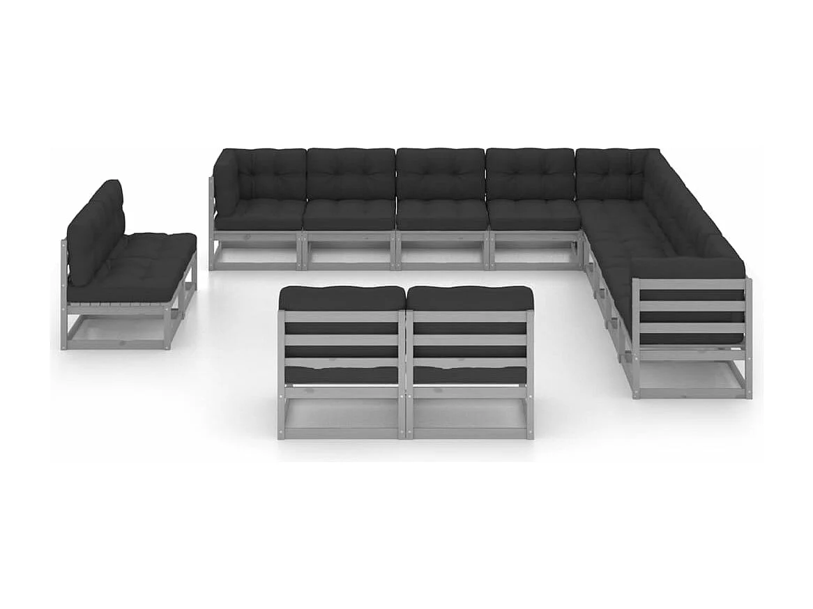 13 pcs conj. lounge jardim c/ almofadões pinho maciço cinzento