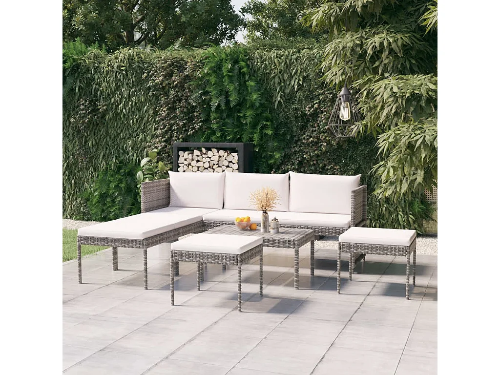6-delige Loungeset met kussens poly rattan grijs