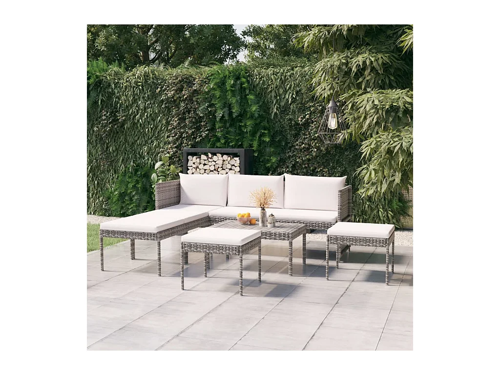 Set Divani da Giardino 6 pz con Cuscini in Polyrattan Grigio