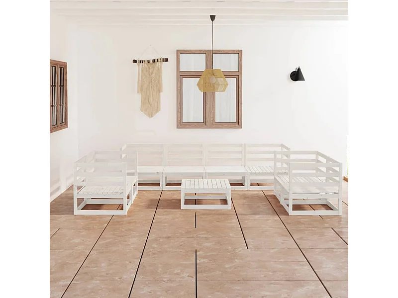 Set Divani da Giardino 9 pz Bianco in Legno Massello di Pino