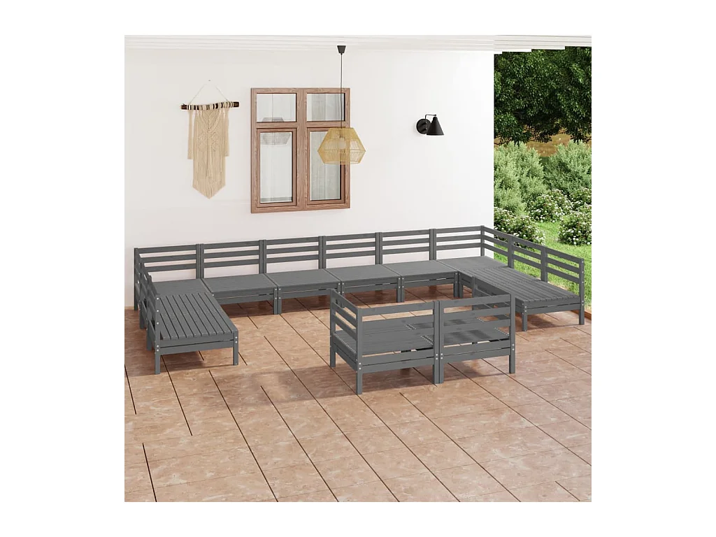 Salon de jardin 12 pcs Gris Bois de pin massif