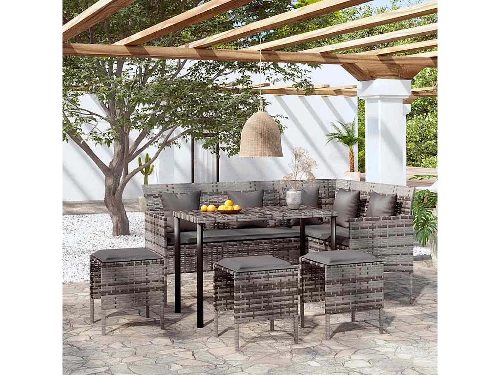 5-tlg. Sofagarnitur in L-Form mit Kissen Poly Rattan Grau