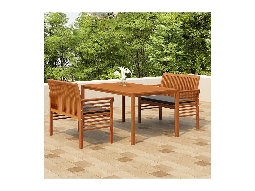 Ensemble à manger d'extérieur 3 pcs et coussins Acacia solide