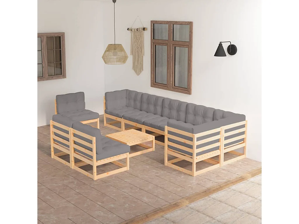 10-tlg. Garten-Lounge-Set mit Kissen Massivholz Kiefer